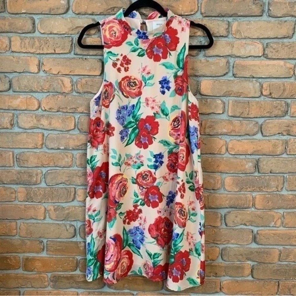 Everly Dress Womens Medium Pink Floral Print Sleeveless Mini High Neck Casual